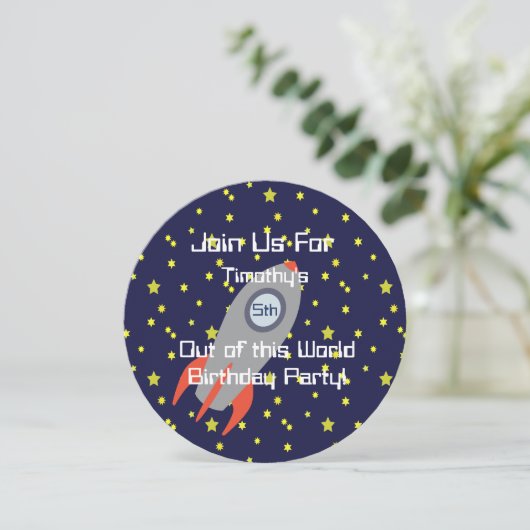 Retro Rocket Ship in Space Party Invitation Kaart (Staand voorkant)