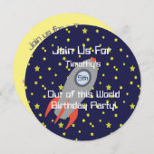 Retro Rocket Ship in Space Party Invitation Kaart (Voorkant / Achterkant)