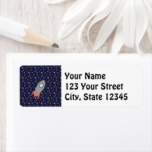 Retro Rocket Ship met Star Pattern Background Etiket (Insitu)