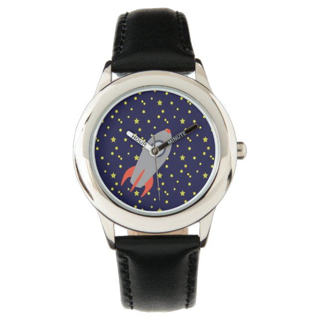 Retro Rocket Ship met Star Pattern Background Horloge (Voorkant)
