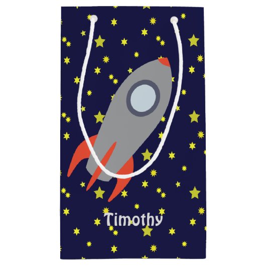 Retro Rocket Ship met Star Pattern Background Klein Cadeauzakje (Achterkant)