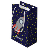 Retro Rocket Ship met Star Pattern Background Klein Cadeauzakje (Achterkant Gekanteld)