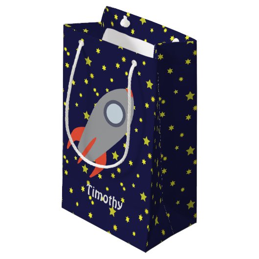 Retro Rocket Ship met Star Pattern Background Klein Cadeauzakje (Voorkant Gekanteld)