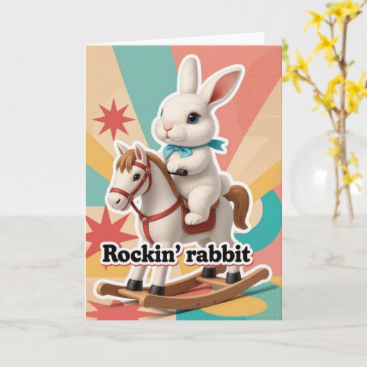 Retro rockin rabbit greeting  kaart (Gele Bloem)