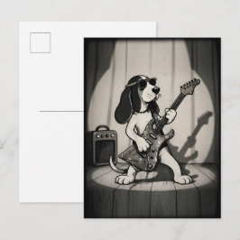 Retro Rockster Basset Hound Gitarist Monochroom Briefkaart