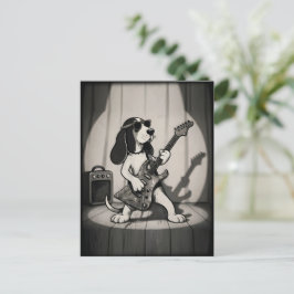 Retro Rockster Basset Hound Gitarist Monochroom Briefkaart