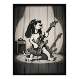 Retro Rockster Basset Hound Gitarist Monochroom Foto Afdruk