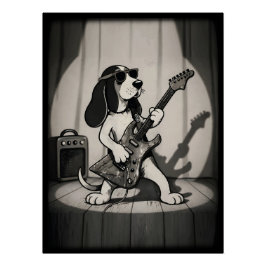 Retro Rockster Basset Hound Gitarist Monochroom Perfect Poster