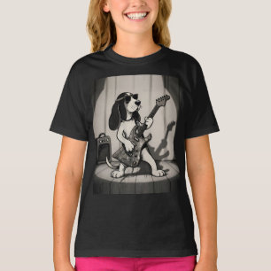 Retro Rockster Basset Hound Gitarist Monochroom T-shirt