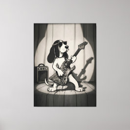 Retro Rockster Bassethond Gitarist Monochroom Canvas Afdruk
