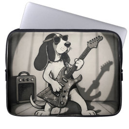 Retro Rockster Bassethond Gitarist Monochroom Laptop Sleeve