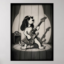 Retro Rockster Bassethond Gitarist Monochroom Poster