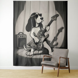Retro Rockster Bassethond Gitarist Monochroom Wandkleed