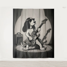 Retro Rockster Bassethond Gitarist Monochroom Wandkleed