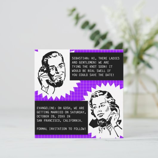 Retro Roddel Koppel Save the Date Kaarten (Staand voorkant)