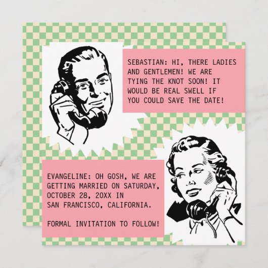 Retro Roddel Koppel Save the Date Kaarten (Voorkant / Achterkant)