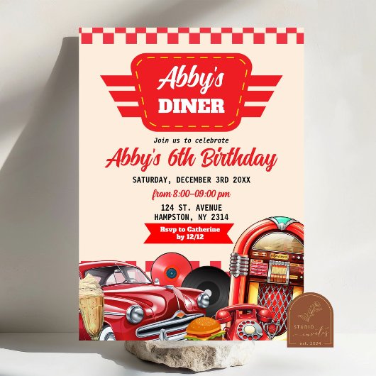 Retro rode auto dinerfeest jaren 50 kaart