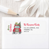 Retro Rode Auto en Kerstboom Vakantie Adres Etiket (Insitu)