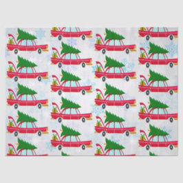 Retro rode auto met een kerstboom patroon tissuepapier