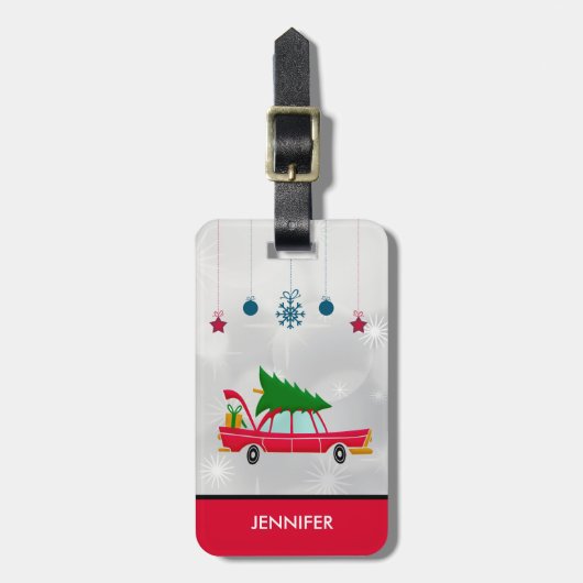Retro rode auto met kerstboom bagagelabel (Voorkant verticaal)