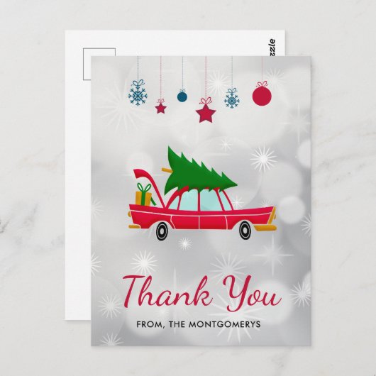 Retro rode auto met kerstboom bedankt briefkaart (Voorkant / Achterkant)