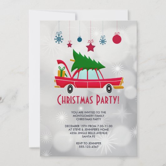 Retro rode auto met kerstboom feestje kaart (Voorkant)