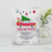 Retro rode auto met kerstboom feestje kaart (Staand voorkant)