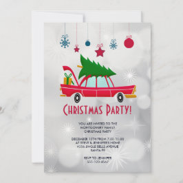 Retro rode auto met kerstboom feestje kaart