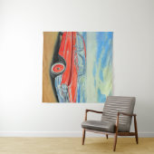 Retro rode auto, schilderen aan zee. wandkleed (In Situ (horizontaal))