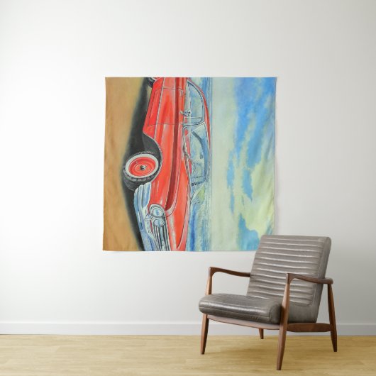 Retro rode auto, schilderen aan zee. wandkleed (In Situ (horizontaal))