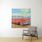 Retro rode auto, schilderen aan zee. wandkleed (In situ)