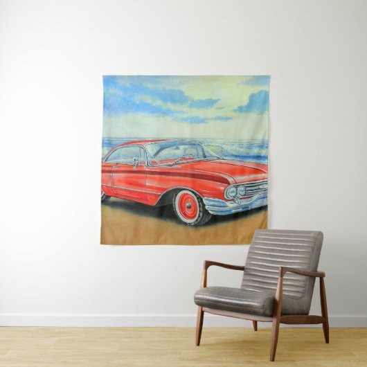Retro rode auto, schilderen aan zee. wandkleed (In situ)