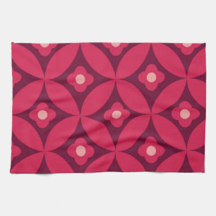 Retro rode bloemen op mid century cirkels patroon theedoek