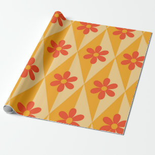 Retro rode bloemen op oranje vintage diamanten cadeaupapier