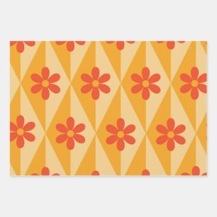 Retro rode bloemen op oranje vintage diamanten inpakpapier vel