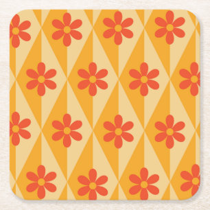 Retro rode bloemen op oranje vintage diamanten kartonnen onderzetters