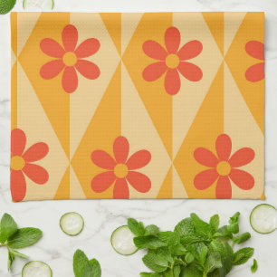 Retro rode bloemen op oranje vintage diamanten theedoek