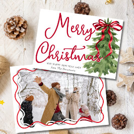 Retro Rode Boog Pijnboom Krul Kader Foto Kerstmis Feestdagenkaart