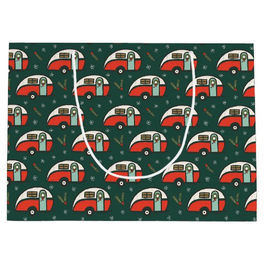 Retro rode camper kerstcamping groot cadeauzakje (Voorkant)