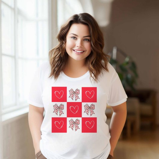 Retro Rode Coquette Bow Hart Geruit T-shirt