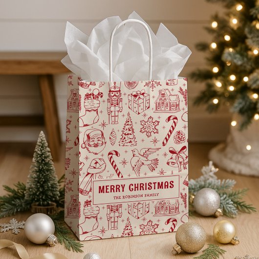 Retro Rode Doodle Prettig Kerstfeest Medium Cadeauzakje