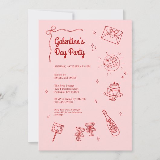 Retro Rode en Roze Galentines Feest Uitnodiging (Voorkant)