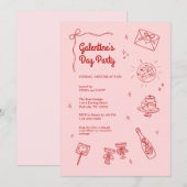 Retro Rode en Roze Galentines Feest Uitnodiging (Voorkant / Achterkant)