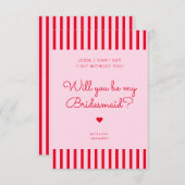 Retro rode en roze strepen bruidsmeisje uitnodigin kaart (Voorkant / Achterkant)