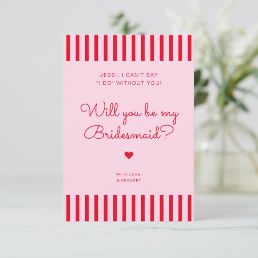 Retro rode en roze strepen bruidsmeisje voorstelka kaart (Staand voorkant)