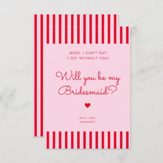 Retro rode en roze strepen bruidsmeisje voorstelka kaart (Voorkant / Achterkant)