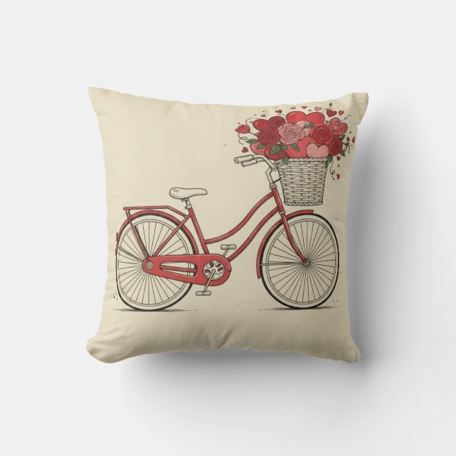 Retro rode fiets met rozen en harten bloemschilder kussen (Voorkant)