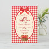 Retro rode geruite picknick save the date (Staand voorkant)