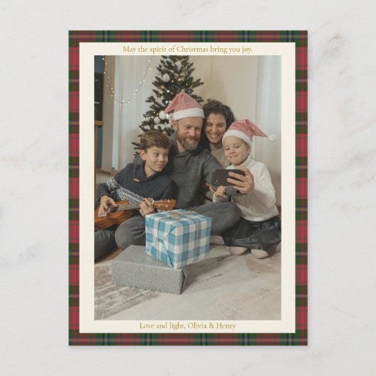 Retro Rode Gingham Plaid Aangepaste Foto Kerstmis Feestdagenkaart (Voorkant)
