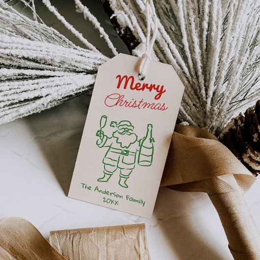 Retro Rode Groen Handgetekende Kerstman Kerstmis Cadeaulabel